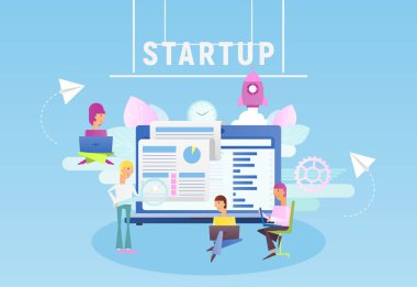 Modern düz tasarım kavramı iş başlangıç. Young Men bir fikrim var. Başlangıç Cohesive takım çalışması. Web sayfası, afiş, sosyal medya ve açılış sayfası için vektör çizim.