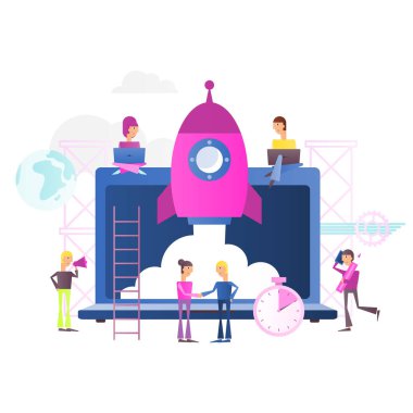 Modern düz tasarım kavramı iş başlangıç. Genç adam bir fikrim var. Başlangıç Cohesive takım çalışması. Web sayfası, afiş, sosyal medya ve açılış sayfası için vektör çizim. Kare biçimi. Beyaz arka planda Isoladed.