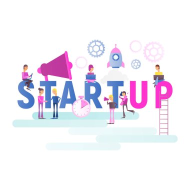 Beyaz arka plan üzerinde büyük harflerle başlangıç Isoladed. Küçük boyutu insanlar Realizating fikri başlangıç tutarlı ekip çalışması vardır. Web sitesi, afiş, sosyal medya ve açılış sayfası için vektör çizim. Kare biçiminde, beyaz arka plan.