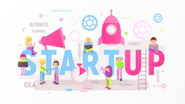 Uzay gemisi ile başlangıç teknoloji kavramı. Genç insanlar büyük harflerle yakınındaki roket başlatılması. Tutarlı ekip çalışması. Web sayfası, Web sitesi, afiş, sosyal medya ve açılış sayfası için vektör çizim.