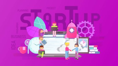 Small Size People are Realize Idea of  Cohesive Teamwork in the Startup. Men and Women are Launching New Business near Big Laptop. Vector Illustration for Web Page, Landing Page. Violet Background. clipart