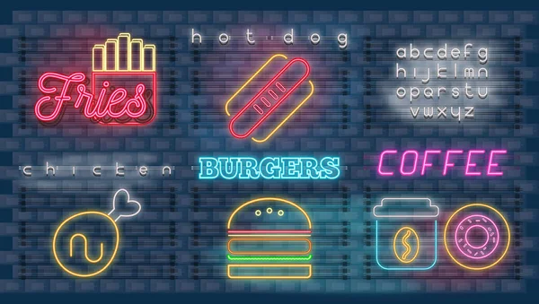 Neon Işareti Fast Food Restoran Bar Veya Pub Logo Amblem — Stok Vektör