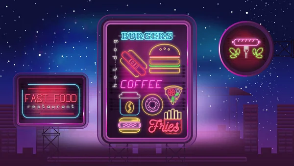 Modern Design Neon Sign Fast Food Restaurant Icons Emblem Retro — Stock Vector