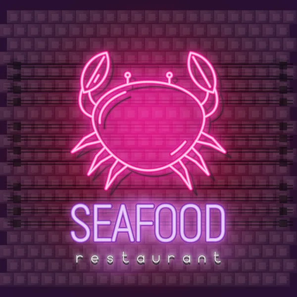 Affiche Néon Restaurant Fruits Mer Avec Panneau Crabe Fluorescent Lumineux — Image vectorielle