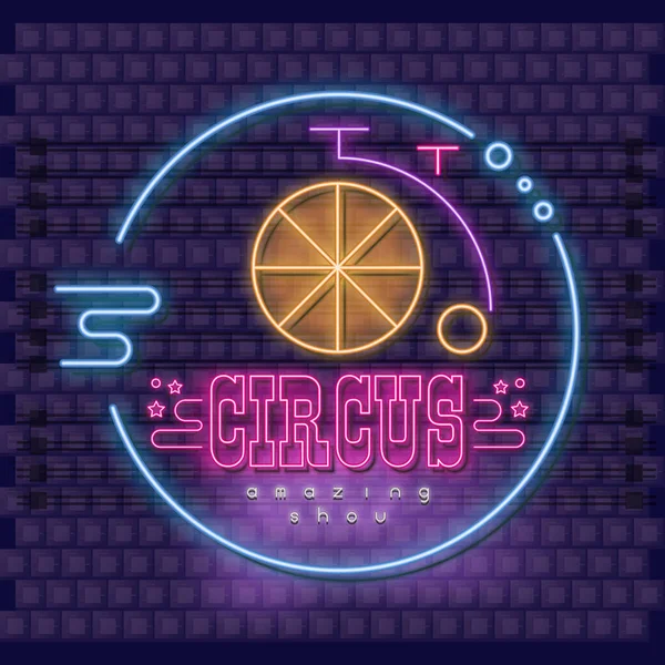 Neon Circus Verbazingwekkende Shou Embleem Circus Fluorescerende Fiets Bakstenen Muur — Stockvector