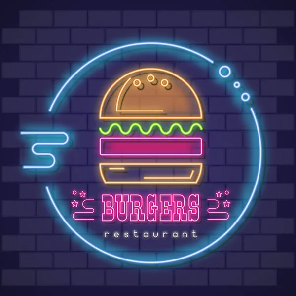 Burger Neon Emblem Ilustração Vetorial — Vetor de Stock