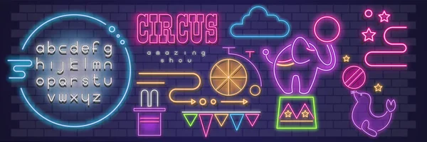 Signos Brillantes Neón Circo Increíble Shou Emblemas Bicicleta Nube Sello — Vector de stock