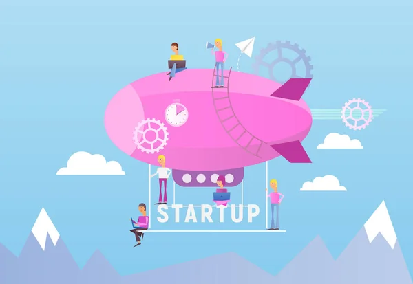 New Business Startup Concept People Fly Forward Airship Inglés Ilustración — Vector de stock