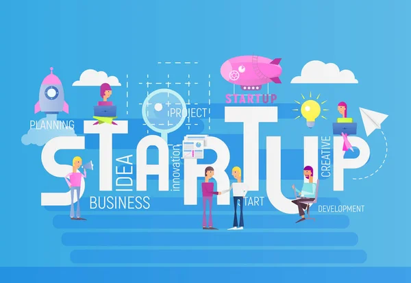 Big Letters Startup Les Gens Petite Taille Réalisent Idée Travail — Image vectorielle