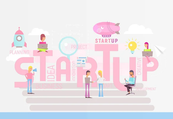 Startup Großen Lettern Die Idee Geschlossener Teamarbeit Wird Start Umgesetzt — Stockvektor