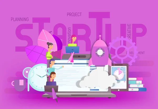 Big Letters Startup Las Personas Tamaño Pequeño Dan Cuenta Idea — Vector de stock