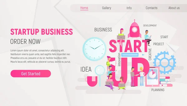 White Landing Page Template Startup Business Hombres Mujeres Están Lanzando — Vector de stock