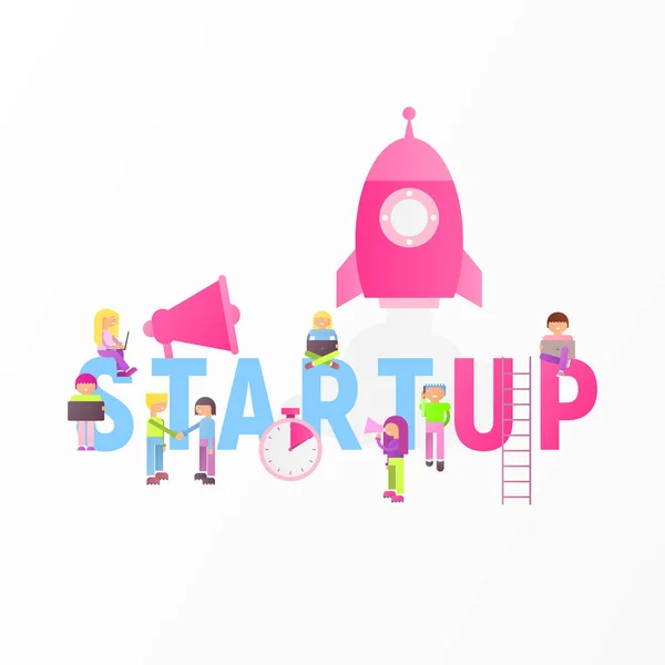 Empresa Startup Concept Jóvenes Hombres Mujeres Usando Gadgets Móviles Cerca — Vector de stock