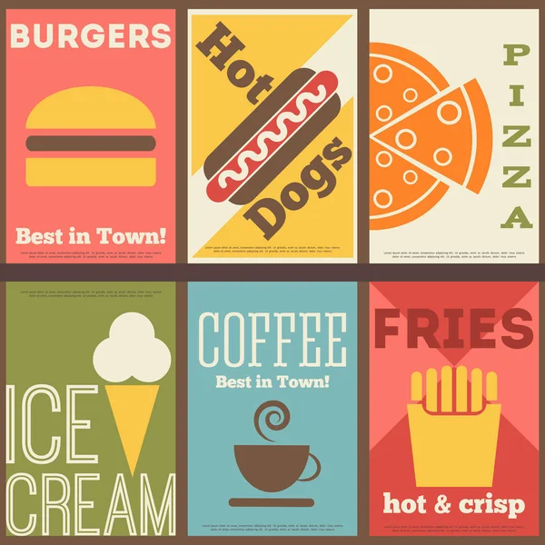 Set Poster Retrò Fast Food Illustrazione Vettoriale Stile Vintage Corallo — Vettoriale Stock