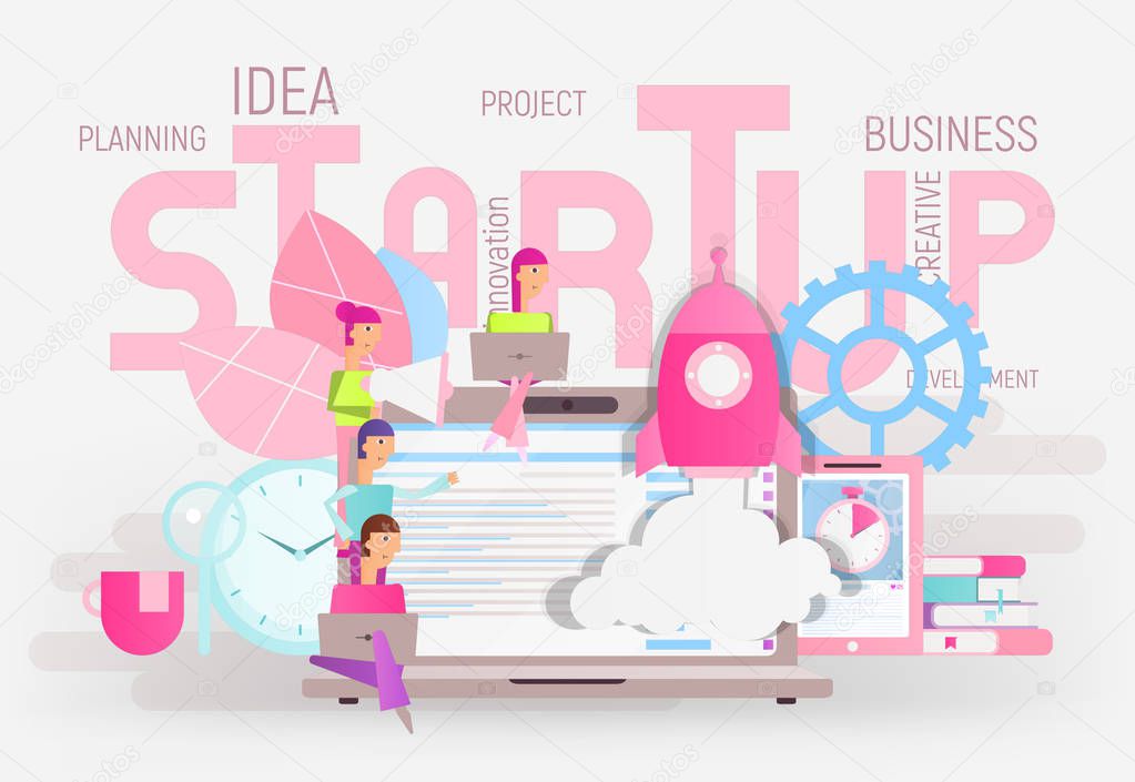 Business Startup Concept - Idea through Planning and Strategy, Time Management, Realization. Tiny People Characters Start Up New Product - Launch Rocket. Vector Illustration.