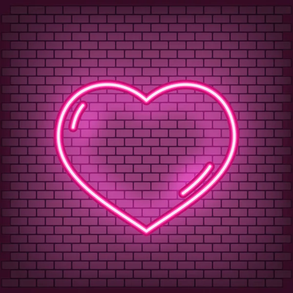 バレンタインの日グリーティング カード レトロ明るい蛍光看板 ネオンサイン ハート型に光るの近代的な都市設計は バイオレットのレンガの壁にバナーを点灯します ベクトル図 — ストックベクタ