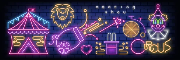 Cirkusz Neon Izzó Ikonok Banner Csodálatos Shou Matricák Fluoreszkáló Ultraibolya — Stock Vector