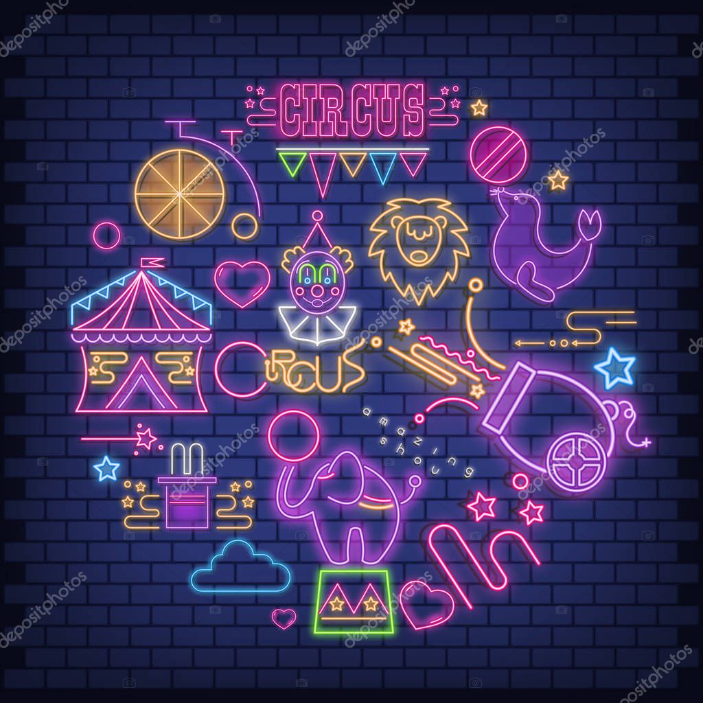 Circus Neon Glowing Icons Big Set. Amazing Shou Emblems - Fluorescent Ultraviolet Circus Characters and Objects with Shadow. Bright Signboard on Blue Brick Wall. Vector Illustration.