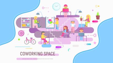 Poster genç masada oturmuş, dizüstü bilgisayarlar ve akıllı telefonlar kullanan kişi ile coworking. Modern çalışma tarzı Hipsters ve serbest. Yaratıcı Office ve ortak çalışma merkezi. Vektör çizim.