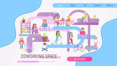 Genç dizüstü bilgisayarlar ve akıllı telefonlar kullanan kişiler ile coworking alanı. Modern çalışma tarzı Hipsters ve serbest. Açılış sayfası. Yaratıcı Office ve ortak çalışma merkezi. Vektör çizim.