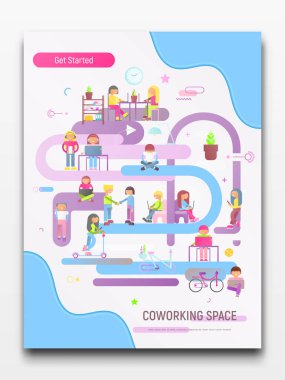 Uzay kavramı - Modern iş arkadaşınız Merkezi'nde çalışan genç çizgi film yaratıcı insanlar coworking. Vektör çizim. Trendy renkler. Afiş tasarımı.