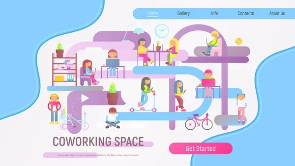 ノート パソコンやスマート フォンを使用して若い人とコワーキング スペース ヒップスターやフリーランサーのための近代的な仕事スタイル ランディング ページ クリエイティブ オフィスと共同作業センター ベクトル図 — ストックベクタ