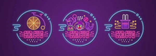 Conjunto Signos Luminosos Neón Circo Increíble Shou Emblemas Payaso Elefante — Vector de stock