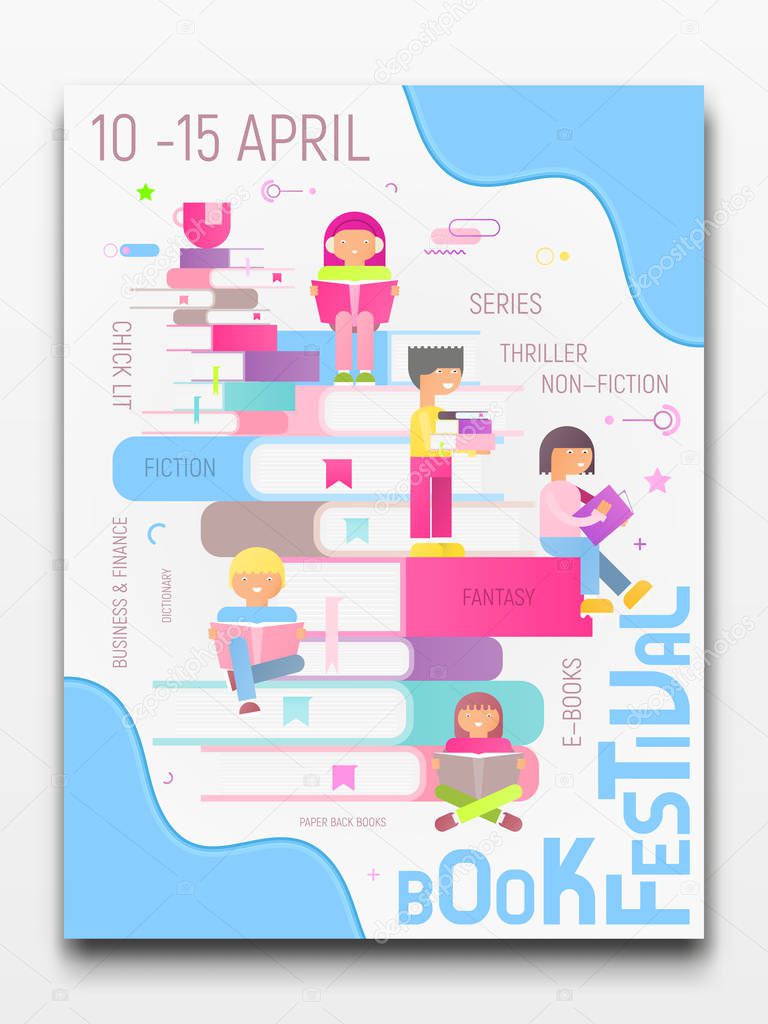 Modern Flat Design Template Poster for Book Festival, Fair, Reading Challenge. Small Characters Cartoon People Reading and Sitting on Big Books. Colorful Vector Illustration for Literature Event, Bookstore Advertising, Book Fair Banner.