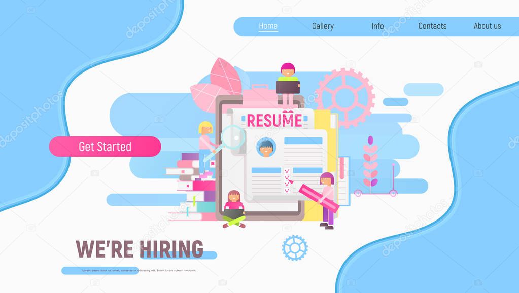 Landing Page Template of Hiring, Job Interview and Recruitment - Young Men and Women near Big Resume. Hiring a New Employee.  Vector Illustration. Modern Flat Design  for Website and Mobile Apps.