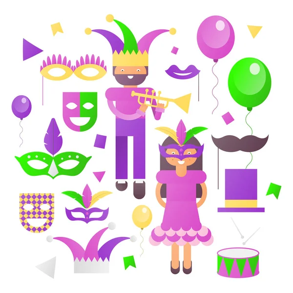 Mardi Gras Ikonok Beállítása Fehér Háttér Előtt Farsangi Szimbólumok Objektumok — Stock Vector