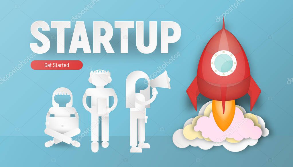 New Business Startup Concept in Paper Art Style - People are Launching Red Rocket on Blue Background. Vector Illustration for Web Page, Website, Banner, Social Media and Landing Page.