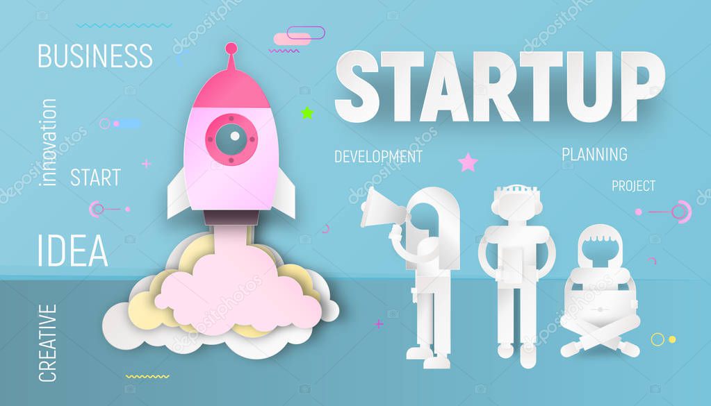 New Business Startup Concept in Paper Art Style - People are Launching Rocket on Blue Background. Vector Illustration for Web Page, Website, Banner, Social Media and Landing Page.