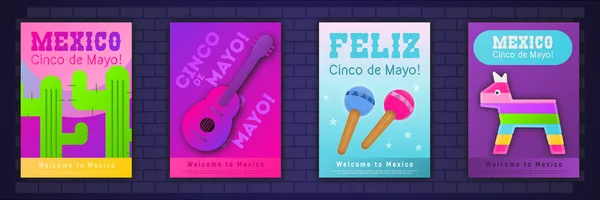 Cinco Mayo Festival Grußkarten Und Poster Mit Traditionellen Mexikanischen Symbolen — Stockvektor