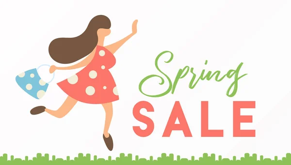 Primavera Concetto Vendita Banner Cartoon Girl Running Shopping Poster Offerta — Vettoriale Stock