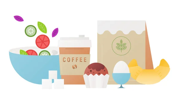 Desayuno Fresco Saludable Estilo Plano Food Drinks White Background Ilustración — Vector de stock