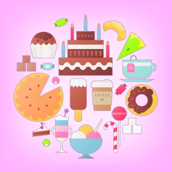 以扁平风格收集的糖果 甜甜圈 冰淇淋 羊角面包 大蛋糕 粉红色背景的咖啡 矢量插图 — 图库矢量图片