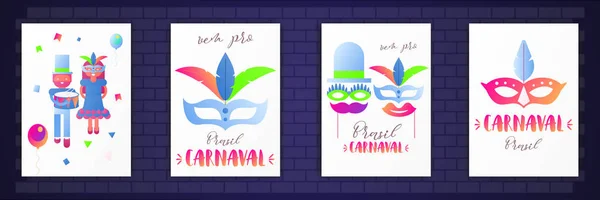 Conjunto Carteles Carnaval Brasil Brasil Carnaval Texto Objetos Símbolos Mini — Vector de stock