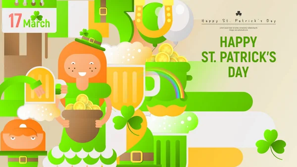 Happy Αγίου Πατρικίου Ημέρα Ευχετήρια Κάρτα Φεστιβάλ Ιρλανδική Μπύρα Πατρικίου — Διανυσματικό Αρχείο