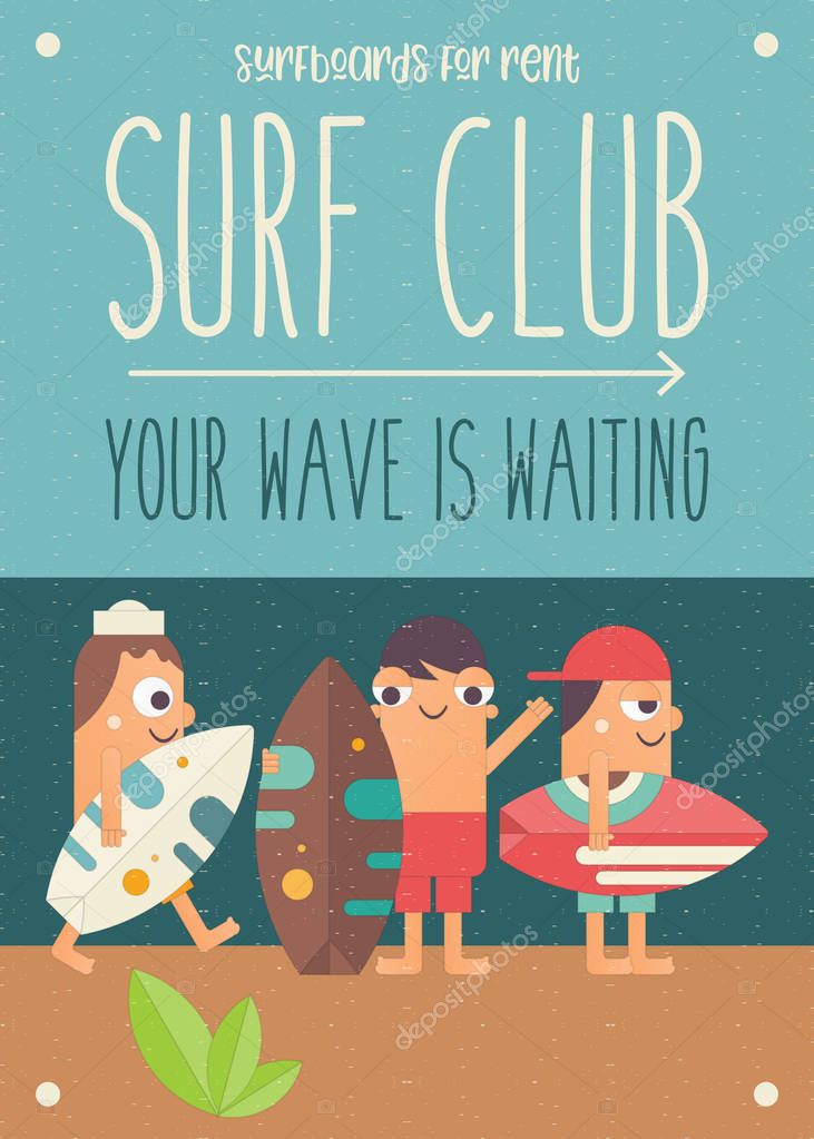Surfing Poster. Funny Cartoon Surfers with Surfboard on Beach. Vector Illustration. Retro Design. Placard for Surfing Club, Website or Online Shop of Surf Equipment. Hello Summer.