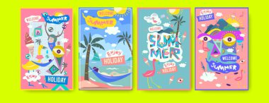 Yaz illüstrasyon poster, kapak ve reklam için kümesi. Retro ve vintage yaz tasarlamak. Yaz tatili eps10 şablonunun arka plan.