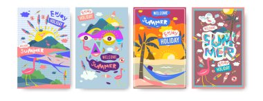 Yaz illüstrasyon poster, kapak ve reklam için kümesi. Retro ve vintage yaz tasarlamak. Yaz tatili eps10 şablonunun arka plan.