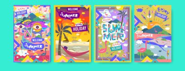 Yaz illüstrasyon poster, kapak ve reklam için kümesi. Retro ve vintage yaz tasarlamak. Yaz tatili eps10 şablonunun arka plan.