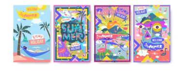 Yaz illüstrasyon poster, kapak ve reklam için kümesi. Retro ve vintage yaz tasarlamak. Yaz tatili eps10 şablonunun arka plan.