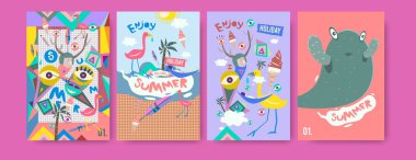 Yaz illüstrasyon poster, kapak ve reklam için kümesi. Retro ve vintage yaz tasarlamak. Yaz tatili eps10 şablonunun arka plan.