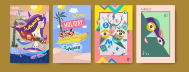 Yaz illüstrasyon poster, kapak ve reklam için kümesi. Retro ve vintage yaz tasarlamak. Yaz tatili eps10 şablonunun arka plan.