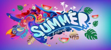 Yaz afiş renkli doodle arka plan ile. Olay ve satış promosyon posteri için tasarım şablonu.