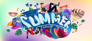 Yaz afiş renkli doodle arka plan ile. Olay ve satış promosyon posteri için tasarım şablonu.