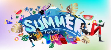 Yaz afiş renkli doodle arka plan ile. Olay ve satış promosyon posteri için tasarım şablonu.