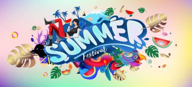 Yaz afiş renkli doodle arka plan ile. Olay ve satış promosyon posteri için tasarım şablonu.