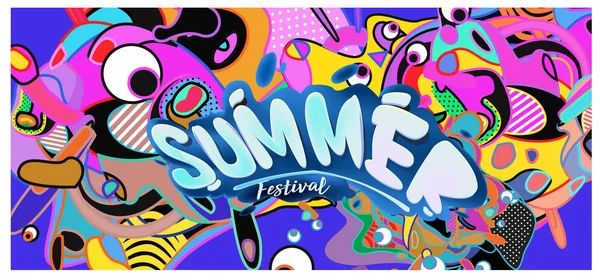 Summer Banner Colorful Doodle Background Design Template Event Sale Promotion — Stock Vector